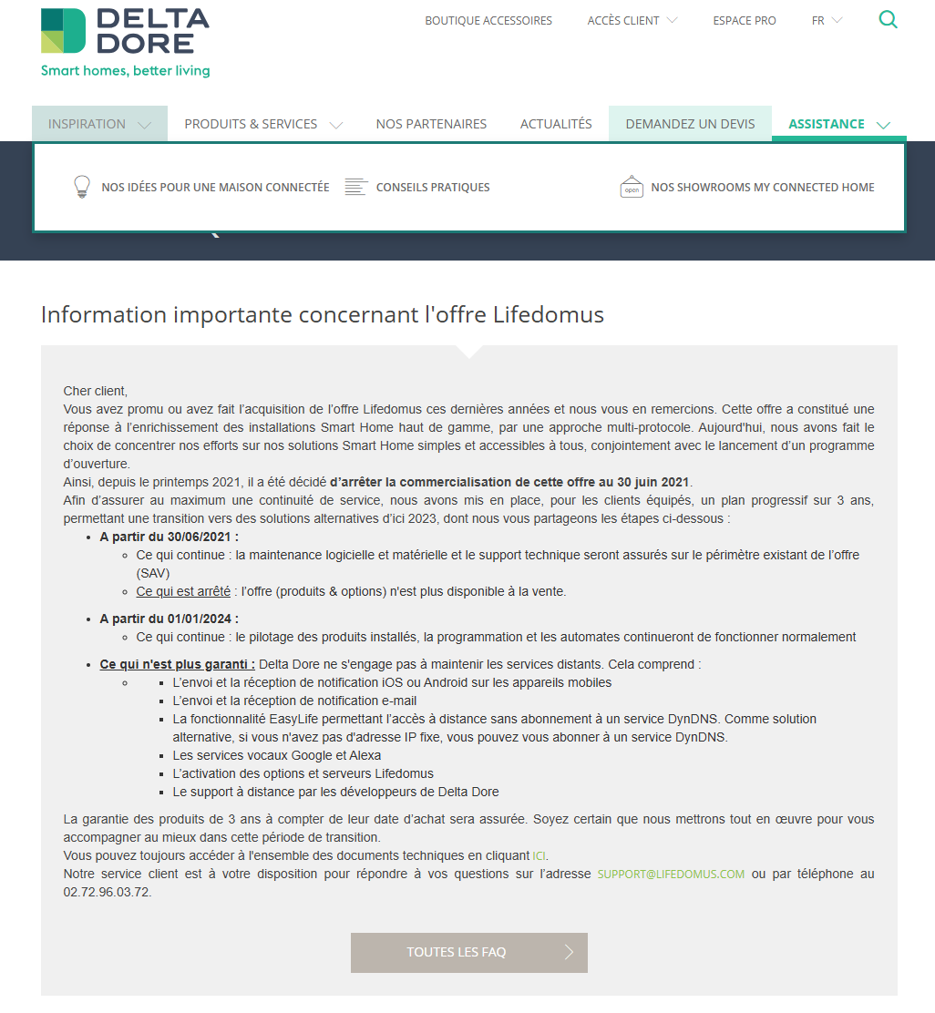 Communiqué Delta Dore concernant l’arrêt de l’offre Lifedomus